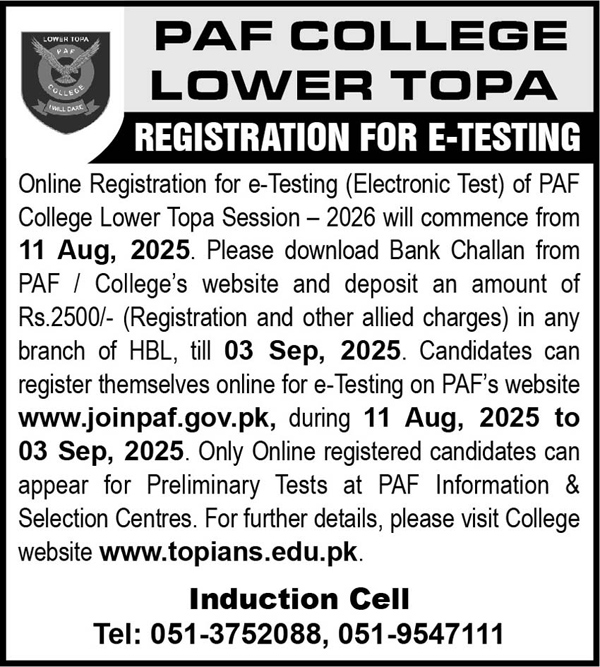 PAF College Lower Topa Tender Notice